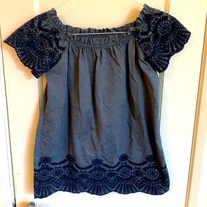 Adorable Women’s Embroidered Chambray Short Sleeve Blouse